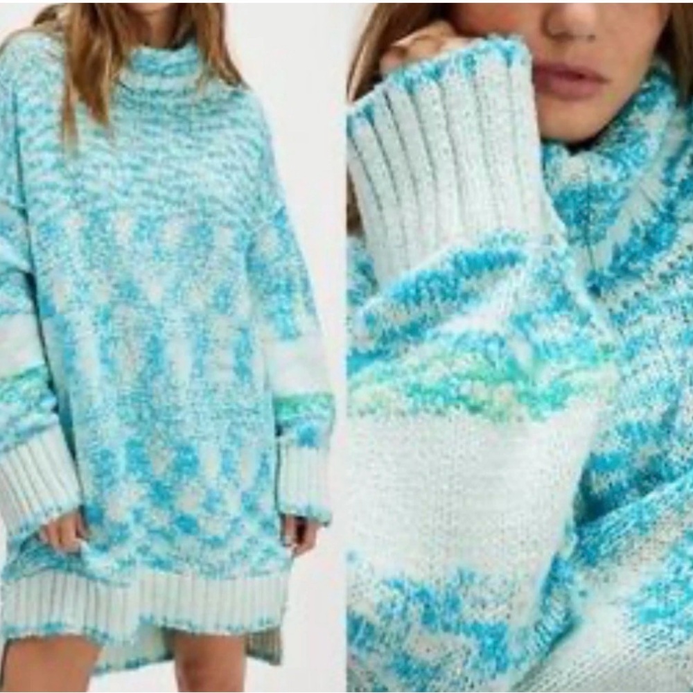 Free People Turquoise and White Cowl Neck Sweater